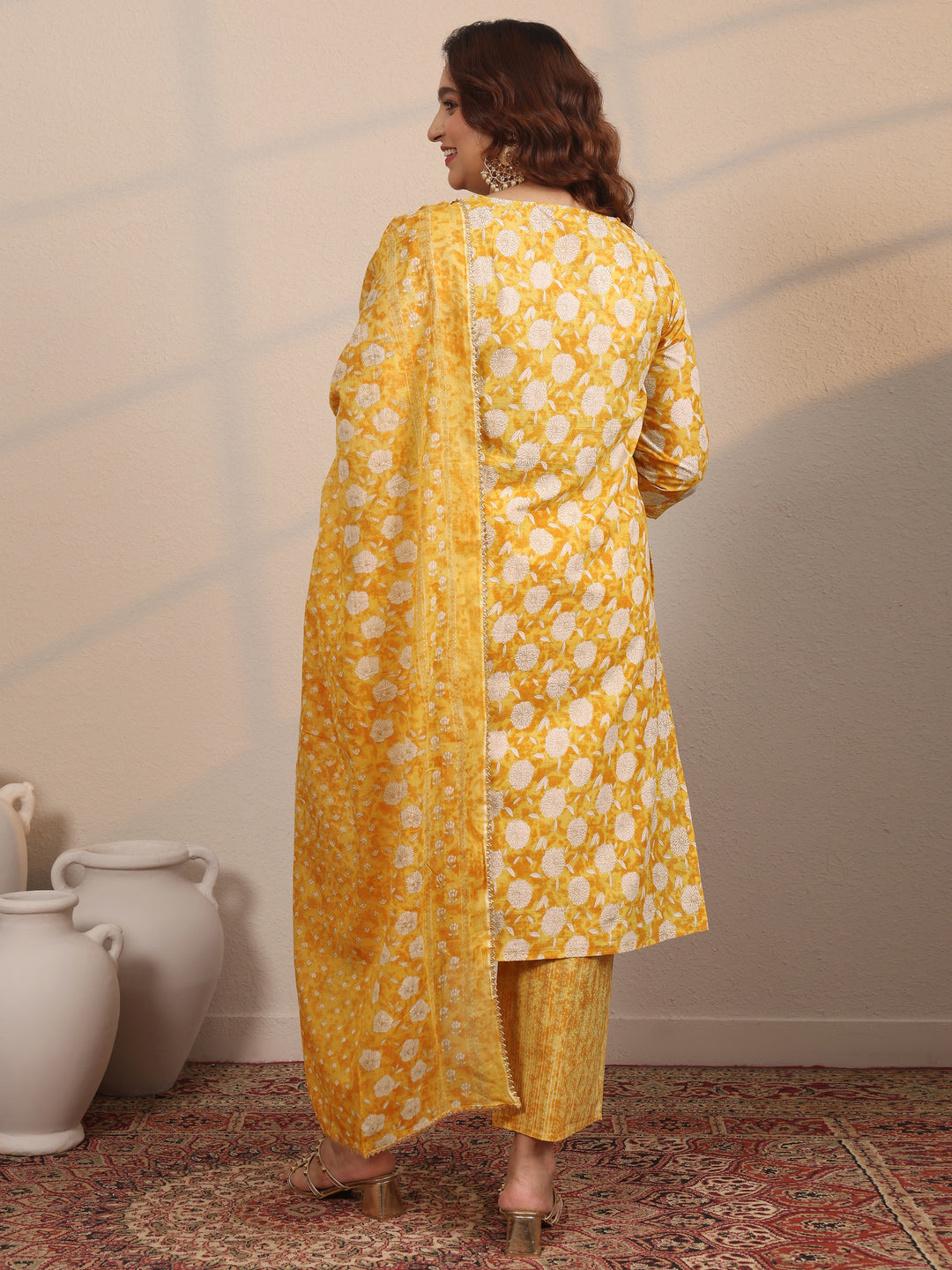 Plus Size Yellow Printed Cotton Straight Suit Set With Dupatta