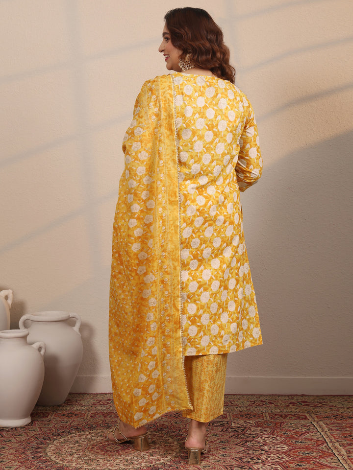 Plus Size Yellow Printed Cotton Straight Suit Set With Dupatta