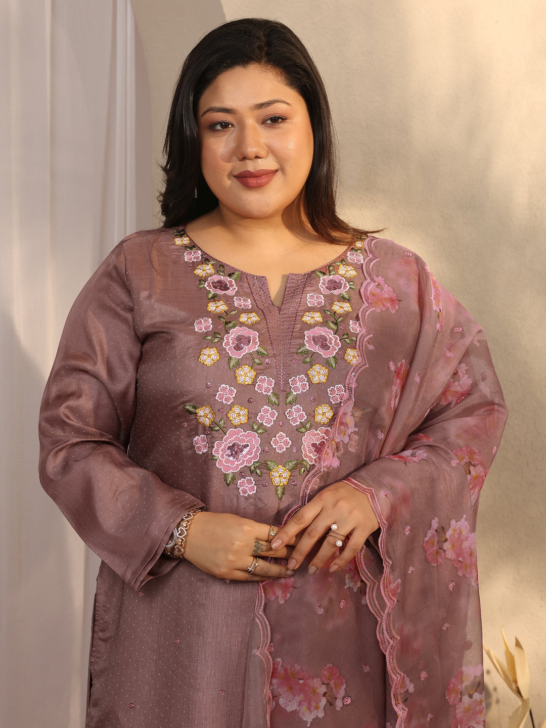 Plus Size Mauve Embroidered Silk blend Straight Suit Set With Dupatta