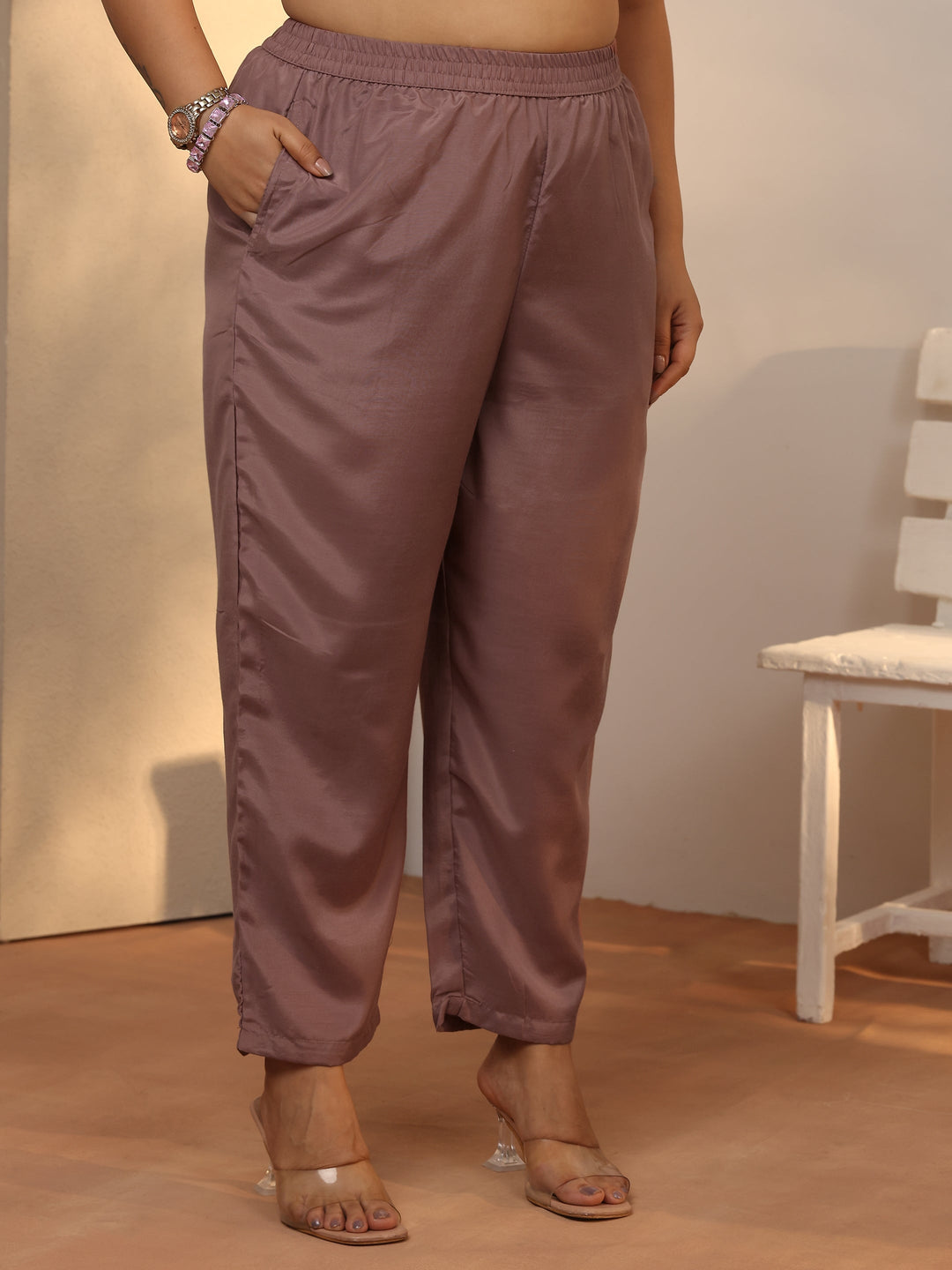 Plus Size Mauve Embroidered Silk blend Straight Suit Set With Dupatta