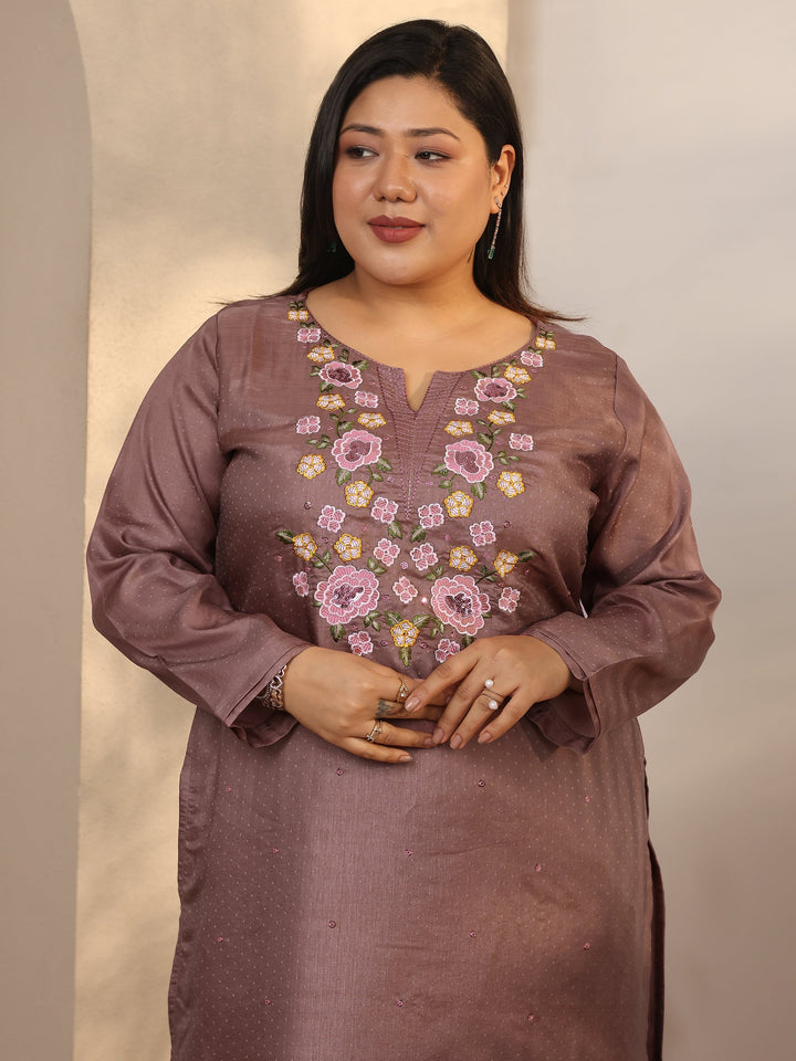 Plus Size Mauve Embroidered Silk blend Straight Suit Set With Dupatta
