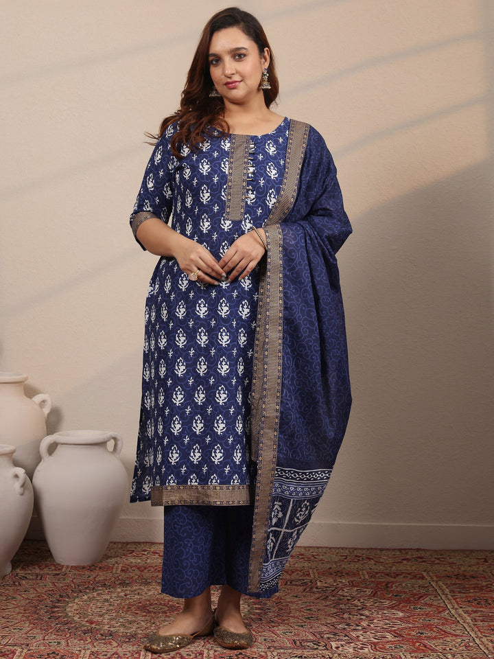 Plus Size Blue Printed Cotton Straight Suit Set With Dupatta
