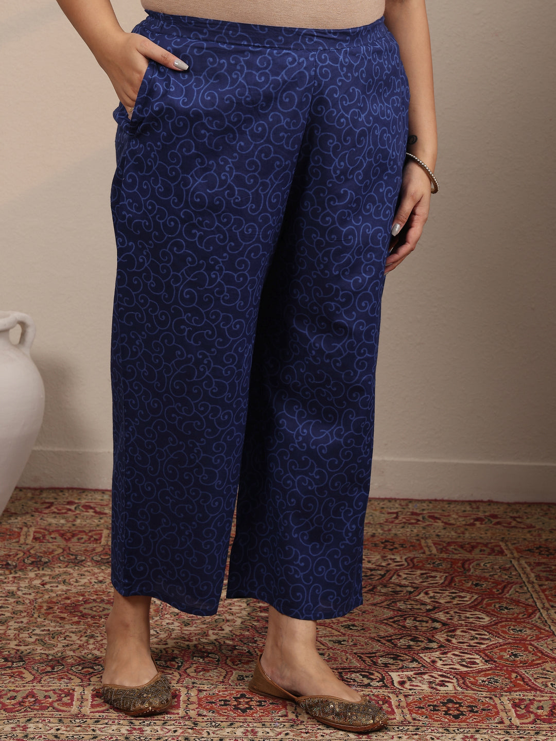 Plus Size Blue Printed Cotton Straight Suit Set With Dupatta