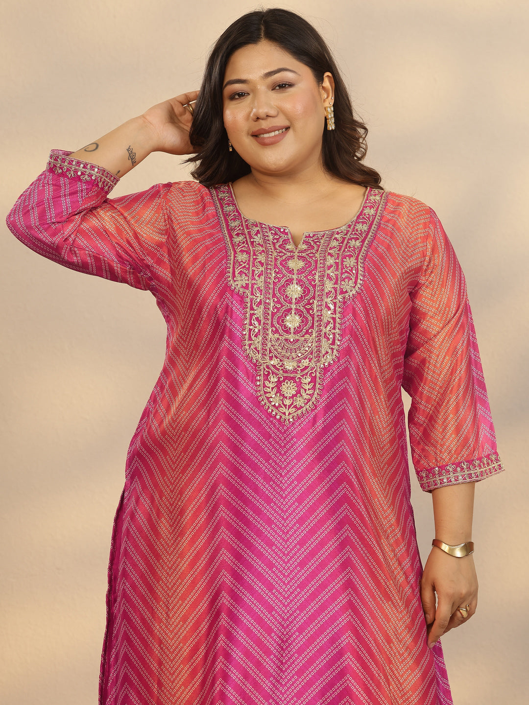 Plus Size Pink Printed Chinon Straight Suit Set With Dupatta