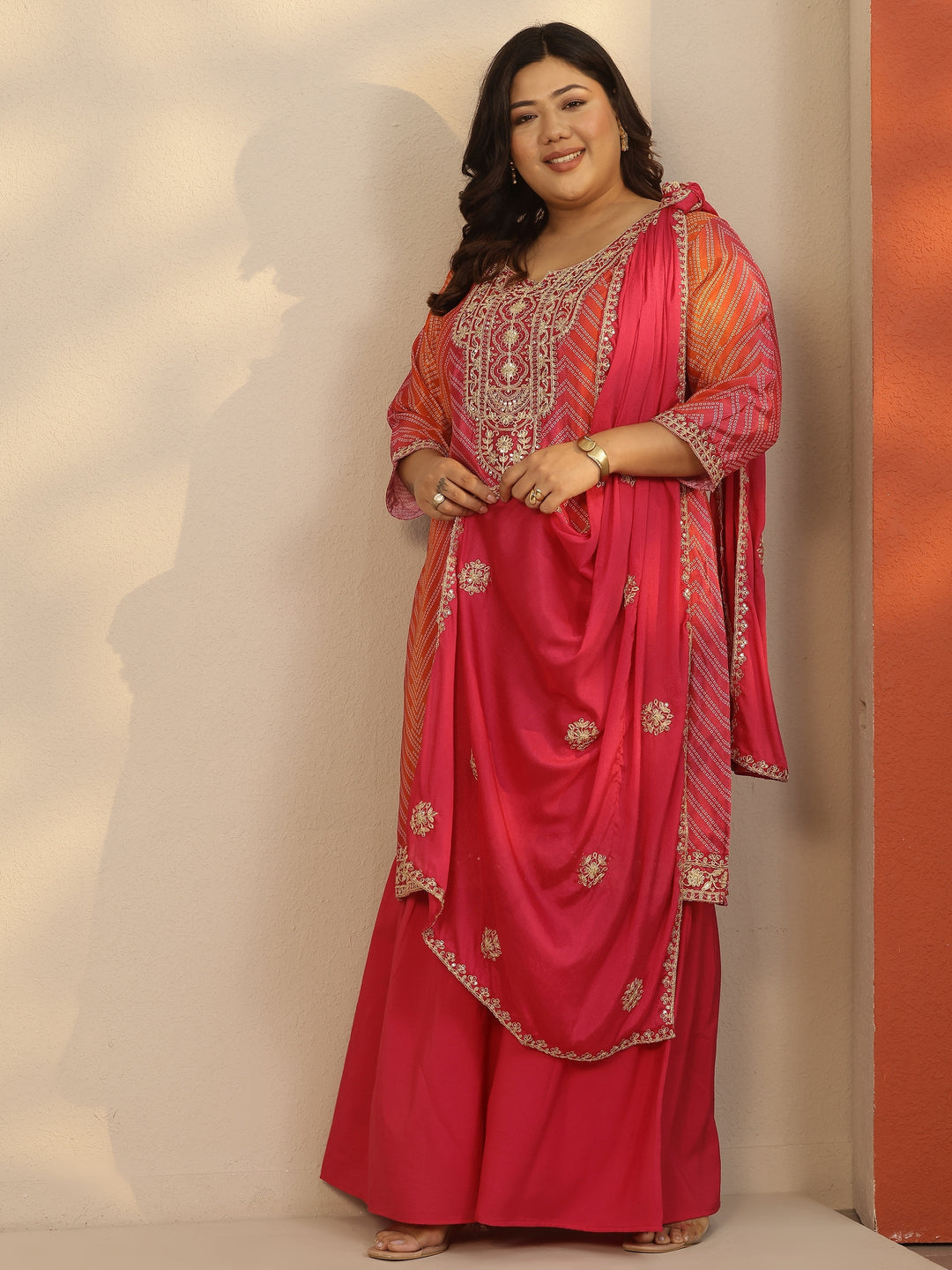 Plus Size Pink Printed Chinon Straight Suit Set With Dupatta