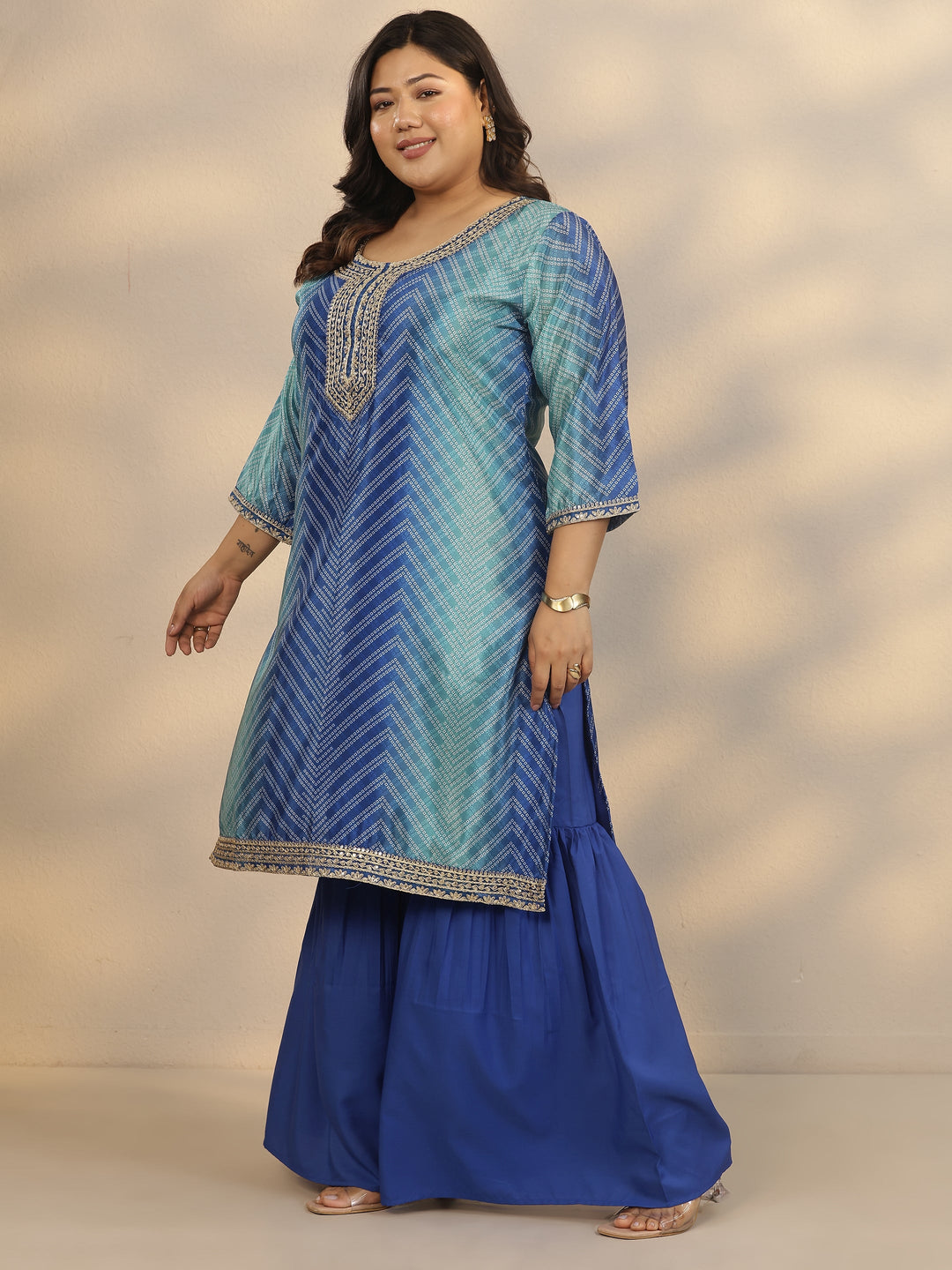 Plus Size Blue Printed Chinon Straight Suit Set With Dupatta