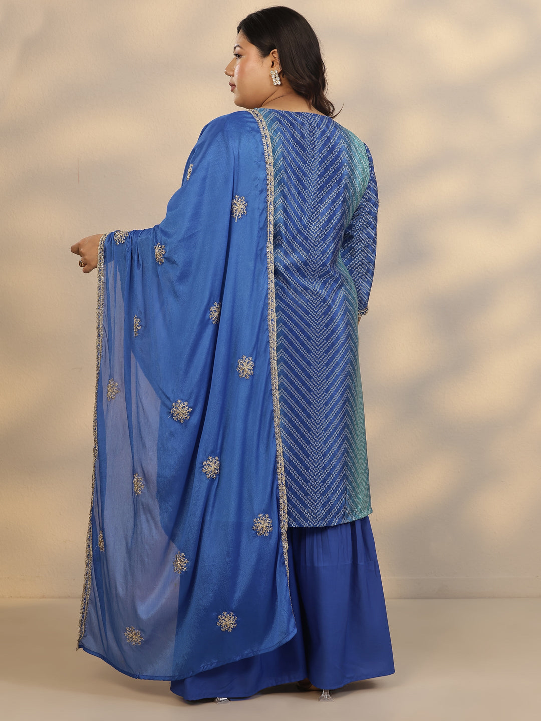 Plus Size Blue Printed Chinon Straight Suit Set With Dupatta