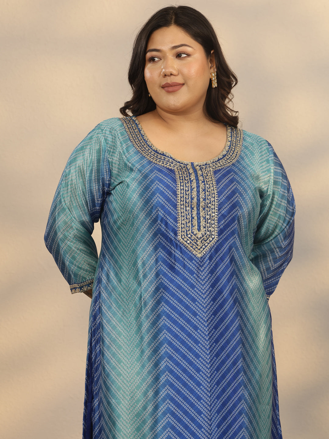 Plus Size Blue Printed Chinon Straight Suit Set With Dupatta