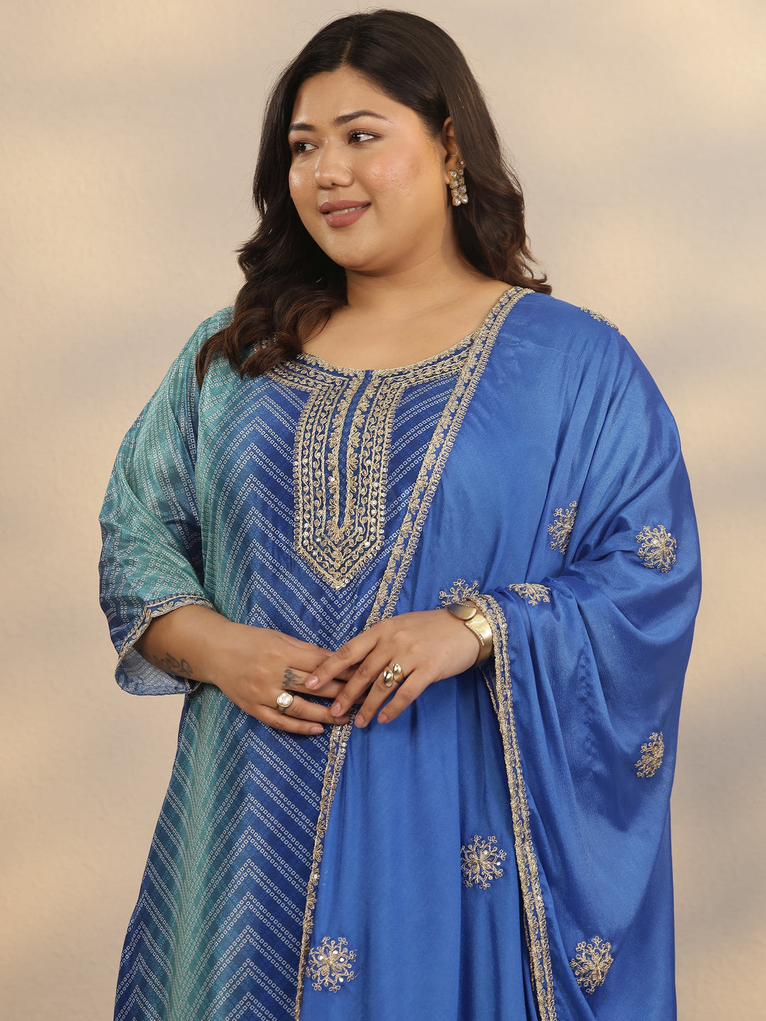 Plus Size Blue Printed Chinon Straight Suit Set With Dupatta