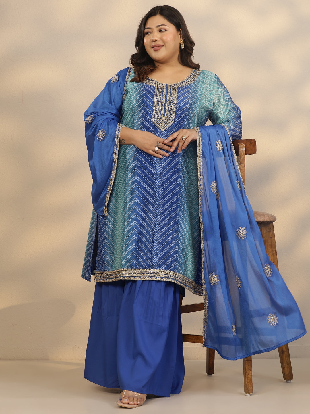 Plus Size Blue Printed Chinon Straight Suit Set With Dupatta