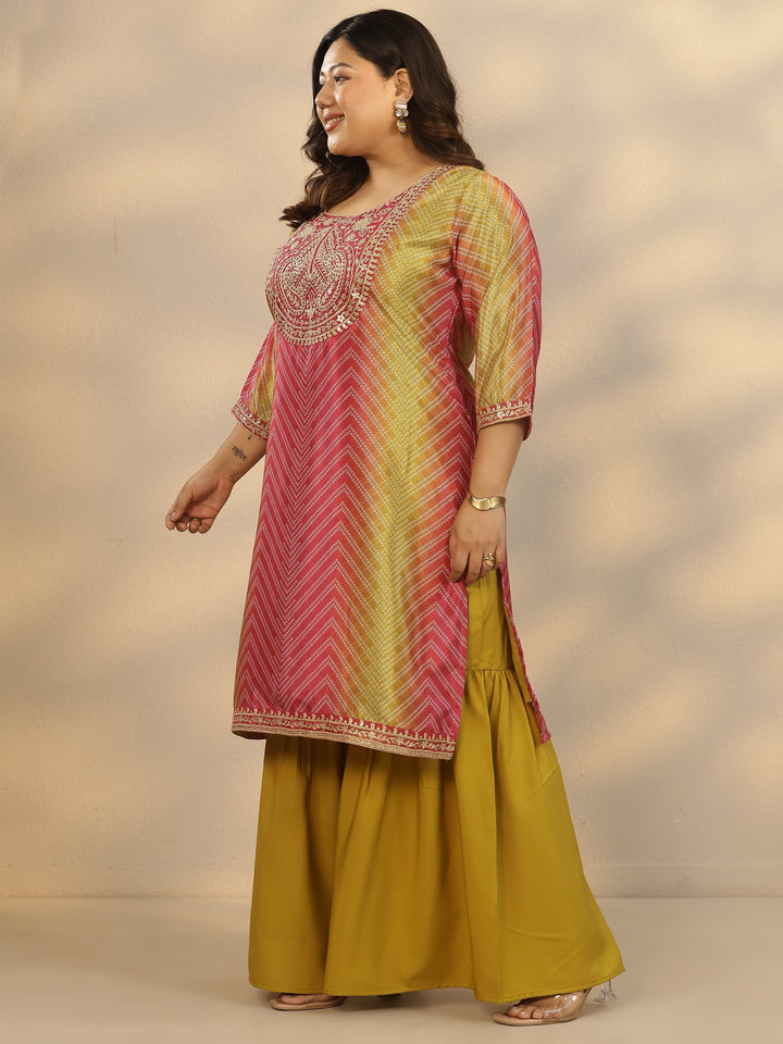 Plus Size Pink Embroidered Chinon Straight Suit Set With Dupatta