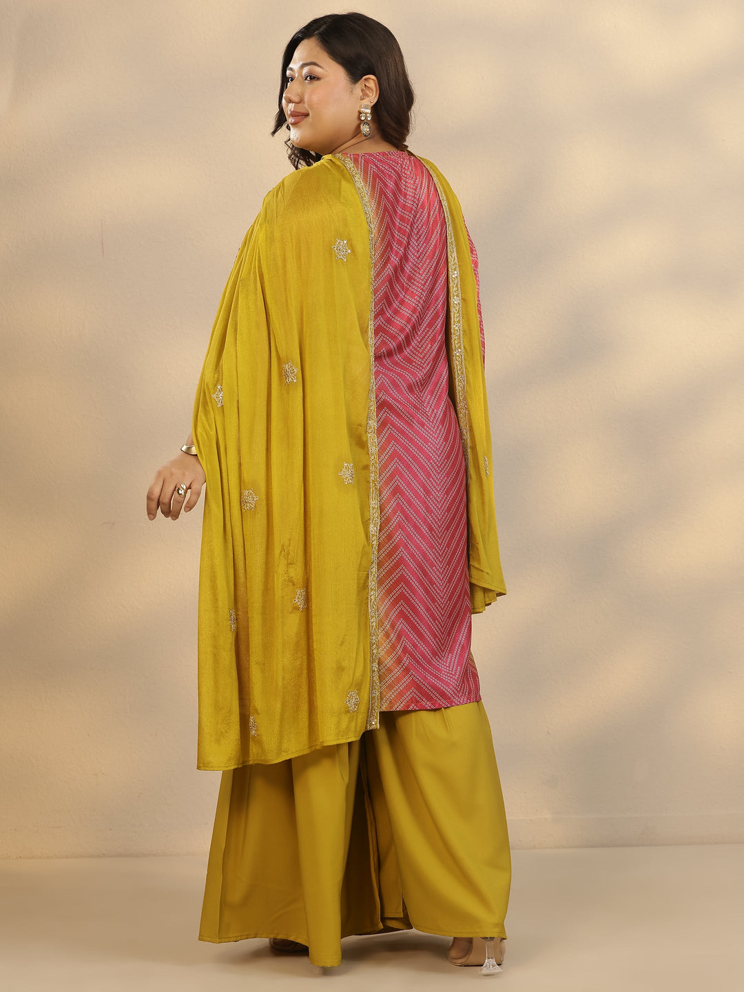 Plus Size Pink Embroidered Chinon Straight Suit Set With Dupatta