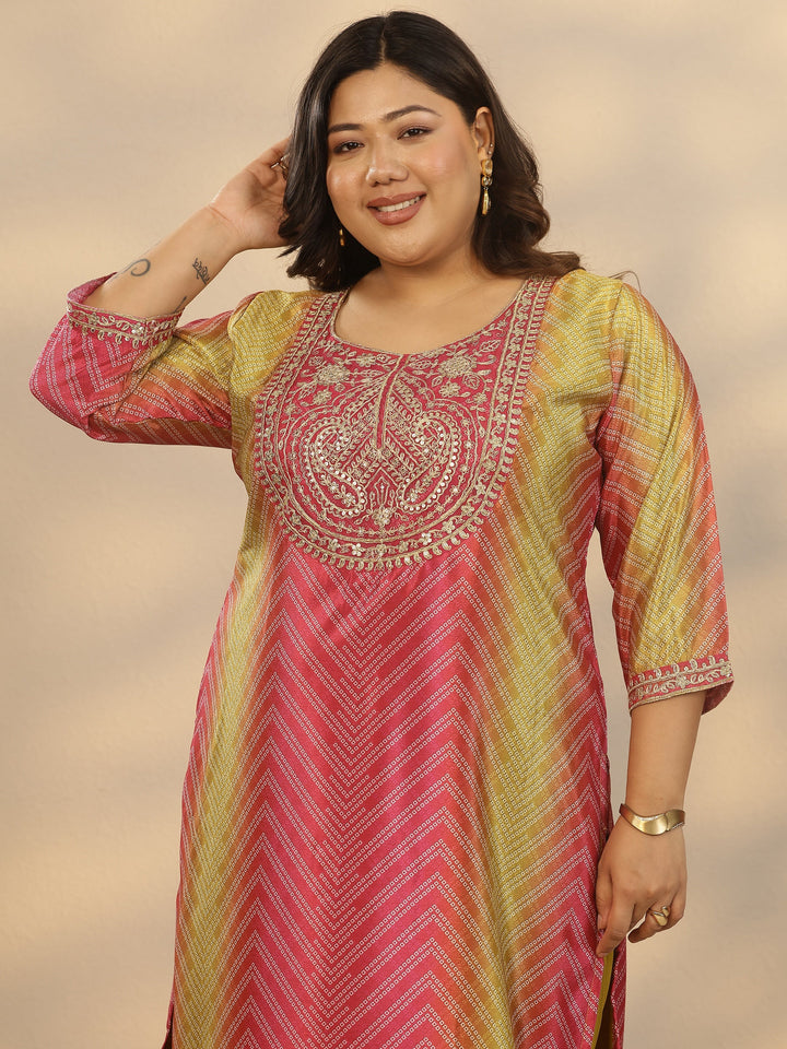 Plus Size Pink Embroidered Chinon Straight Suit Set With Dupatta