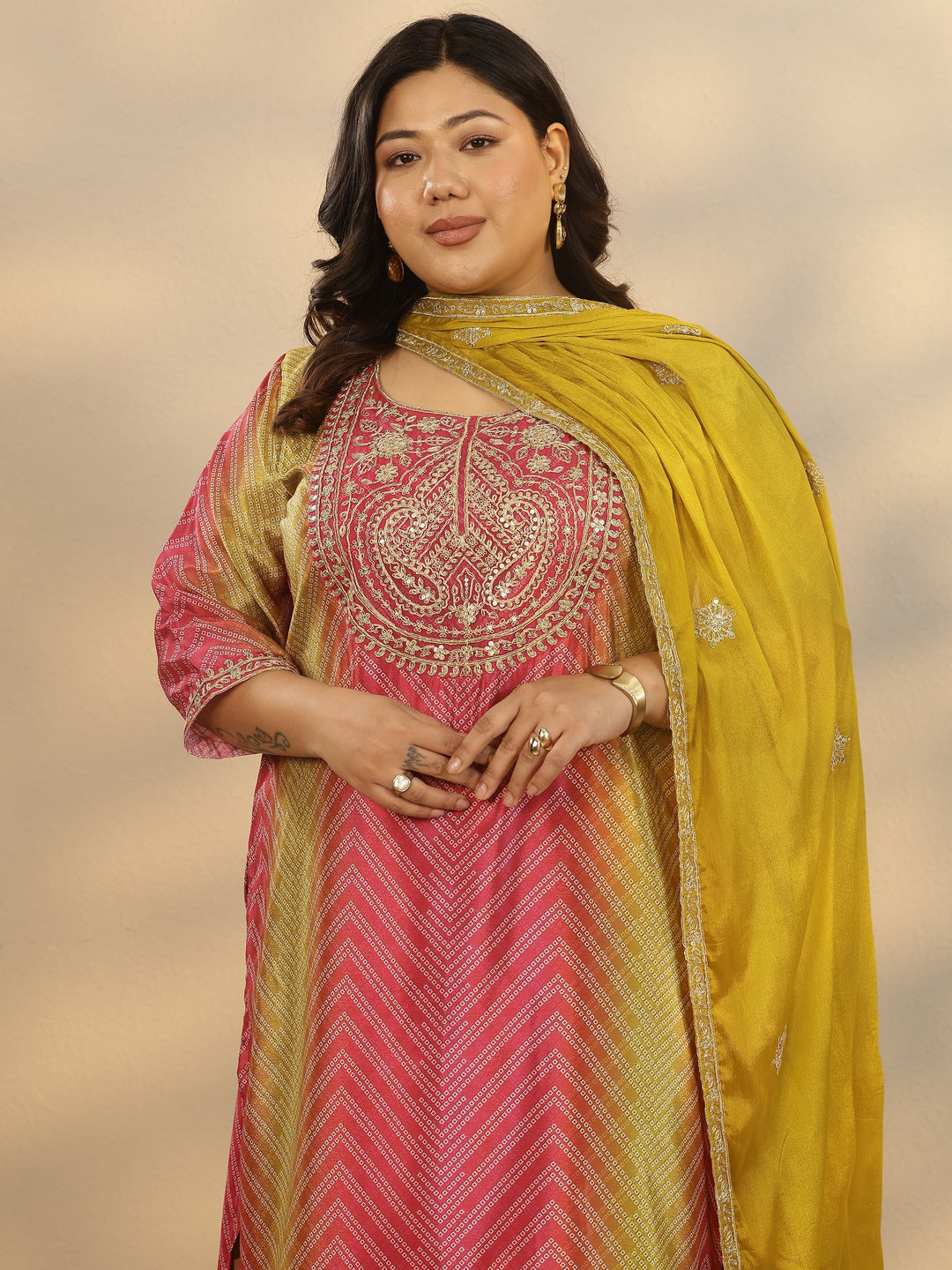 Plus Size Pink Embroidered Chinon Straight Suit Set With Dupatta