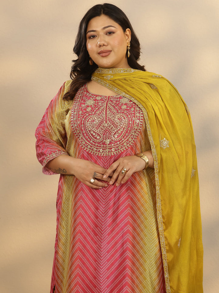 Plus Size Pink Embroidered Chinon Straight Suit Set With Dupatta