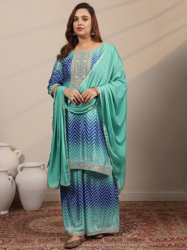 Plus Size Blue Embroidered Chinon Straight Suit Set With Dupatta