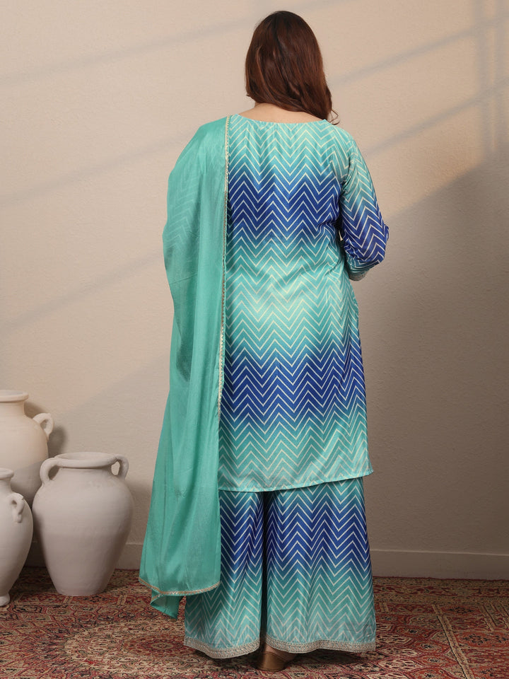 Plus Size Blue Embroidered Chinon Straight Suit Set With Dupatta