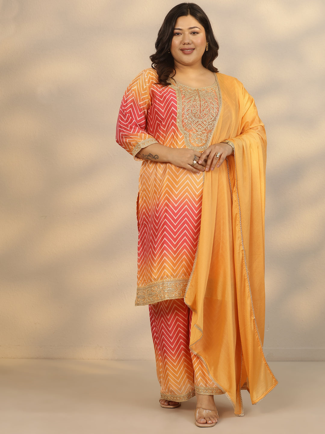 Plus Size Orange Printed Chinon Straight Suit Set With Dupatta
