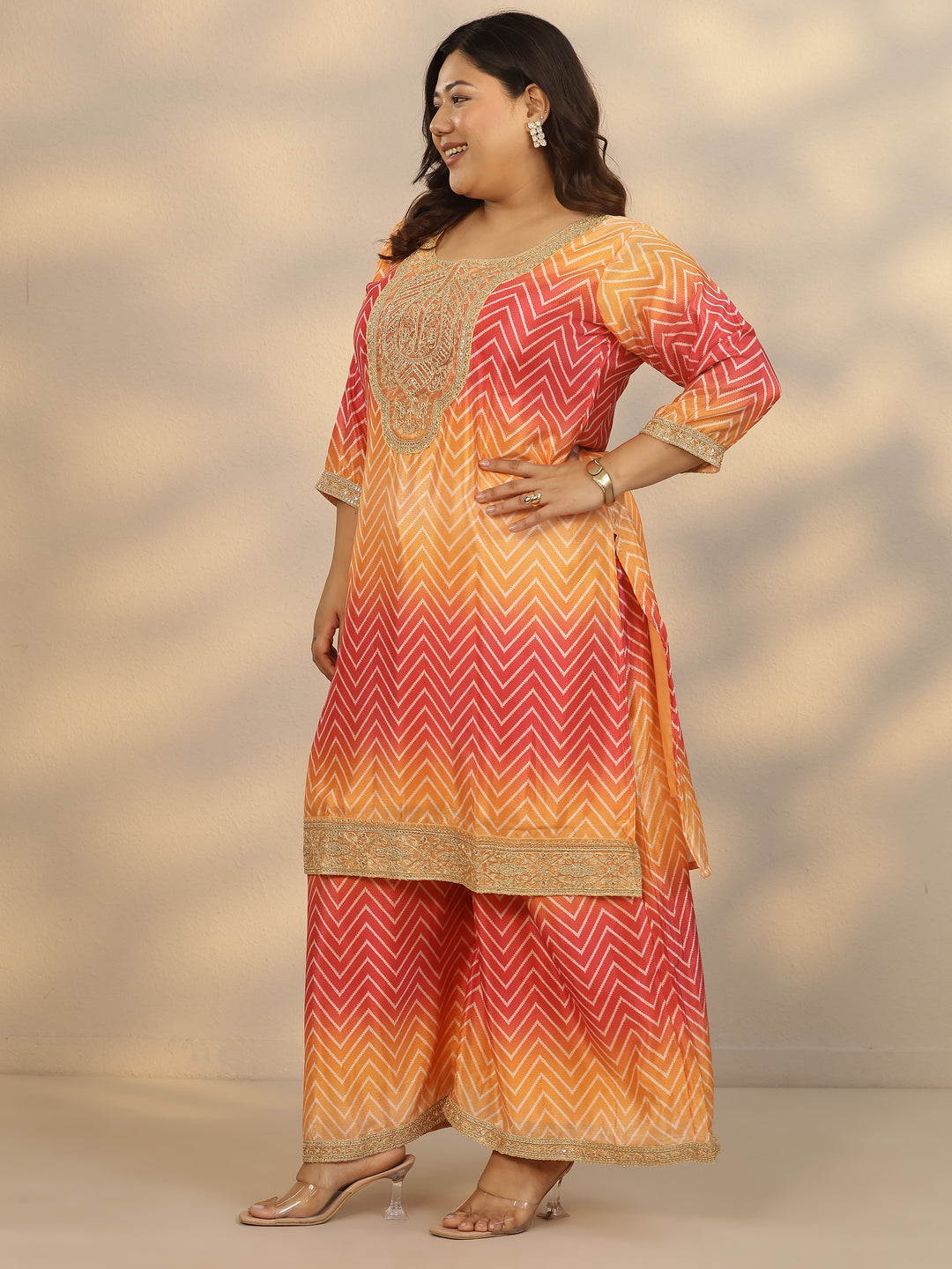Plus Size Orange Printed Chinon Straight Suit Set With Dupatta