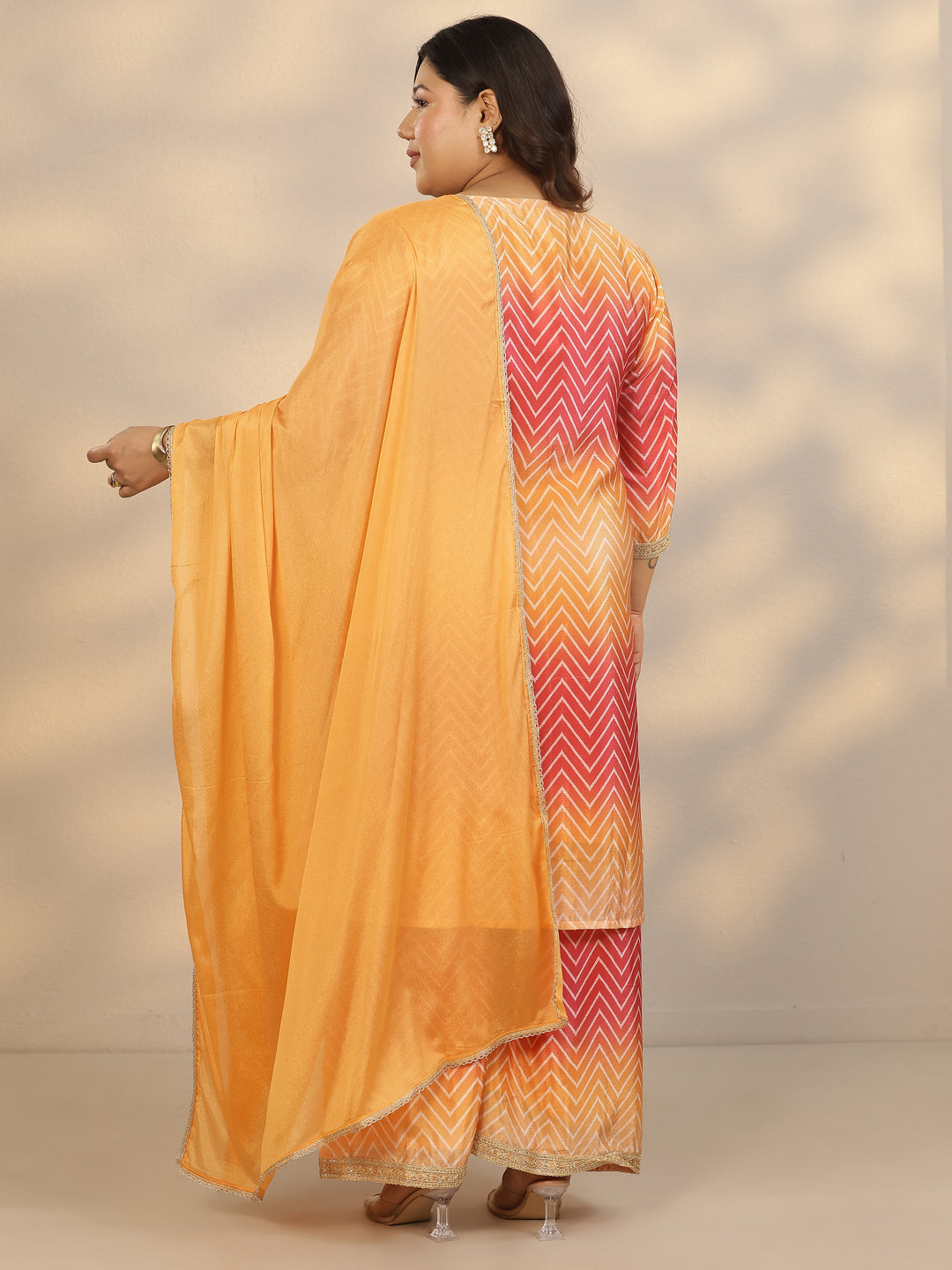 Plus Size Orange Printed Chinon Straight Suit Set With Dupatta