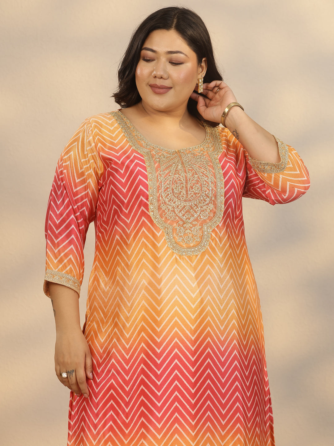 Plus Size Orange Printed Chinon Straight Suit Set With Dupatta