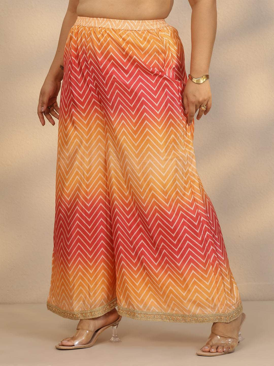 Plus Size Orange Printed Chinon Straight Suit Set With Dupatta