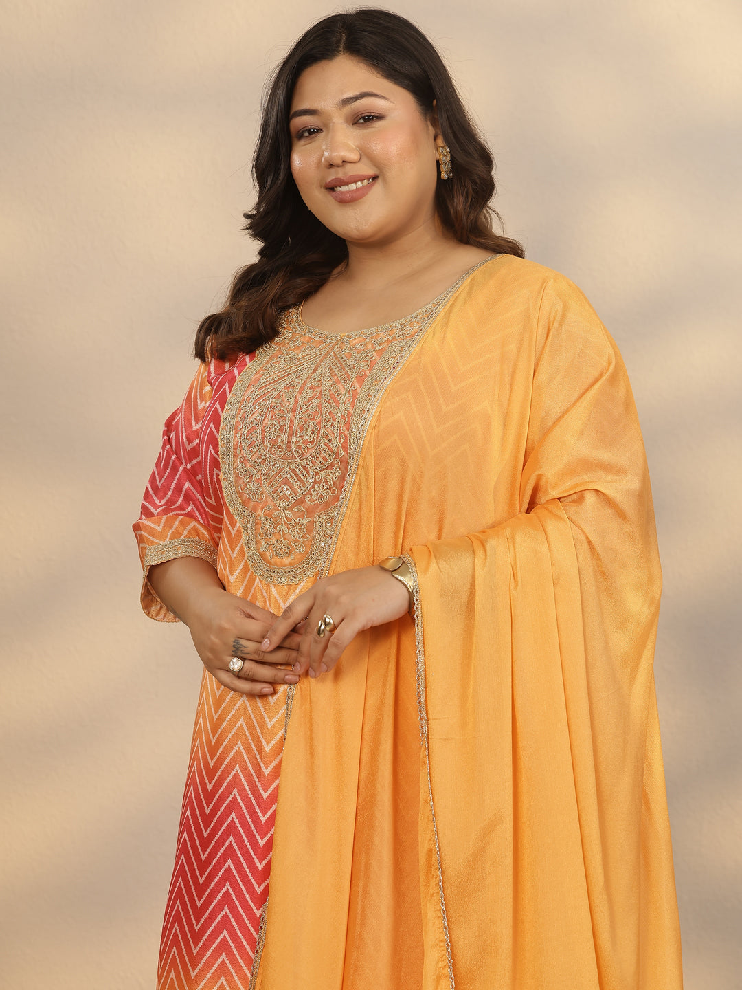 Plus Size Orange Printed Chinon Straight Suit Set With Dupatta