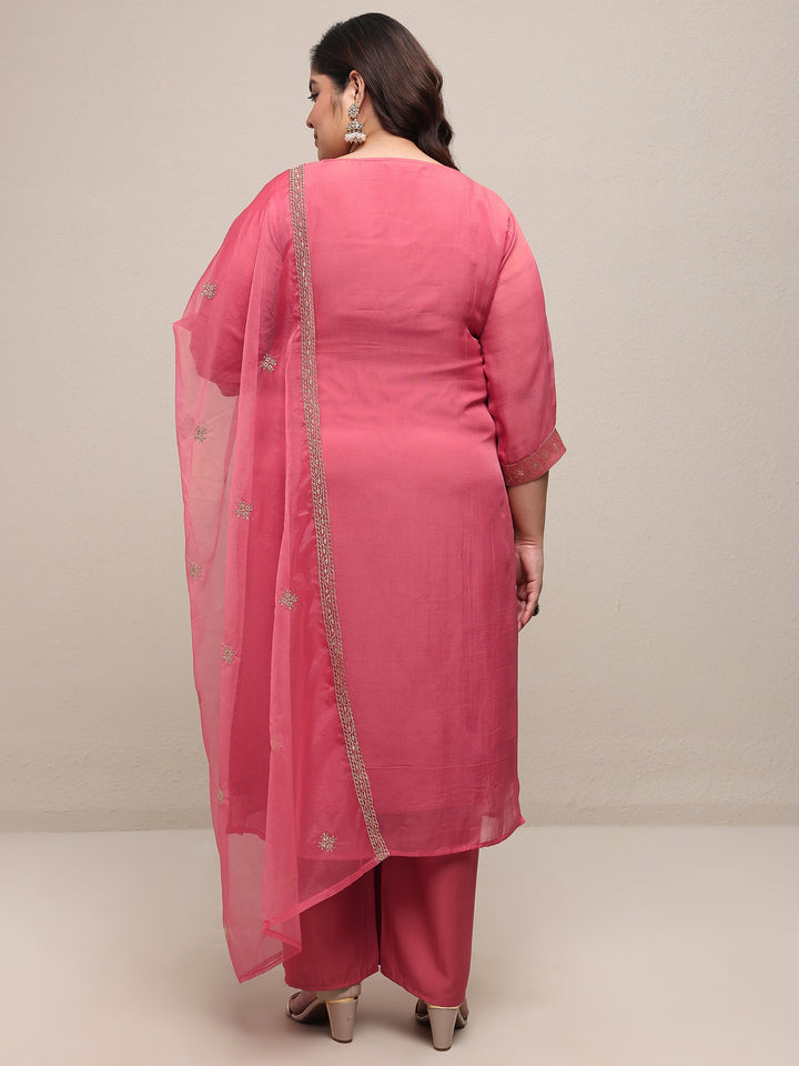 Plus Size Peach Printed Silk Blend Straight Suit Set With Dupatta