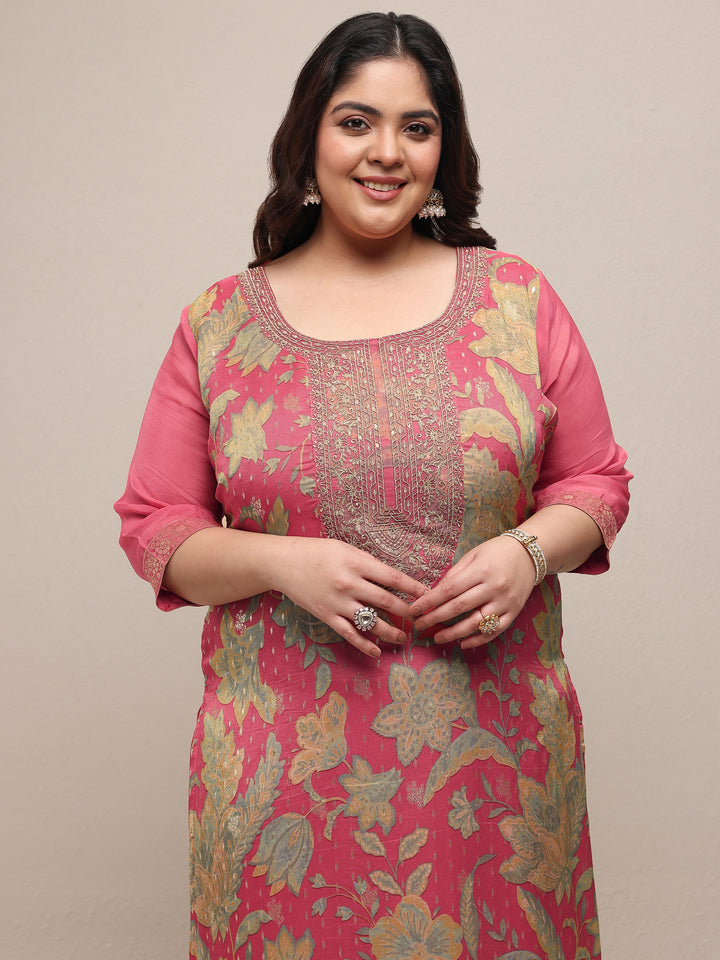Plus Size Peach Printed Silk Blend Straight Suit Set With Dupatta