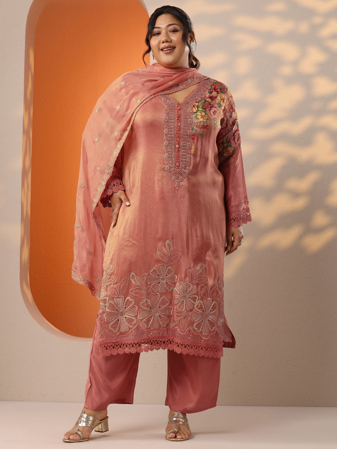 Plus Size Peach Printed Crepe Straight Suit Set With Dupatta