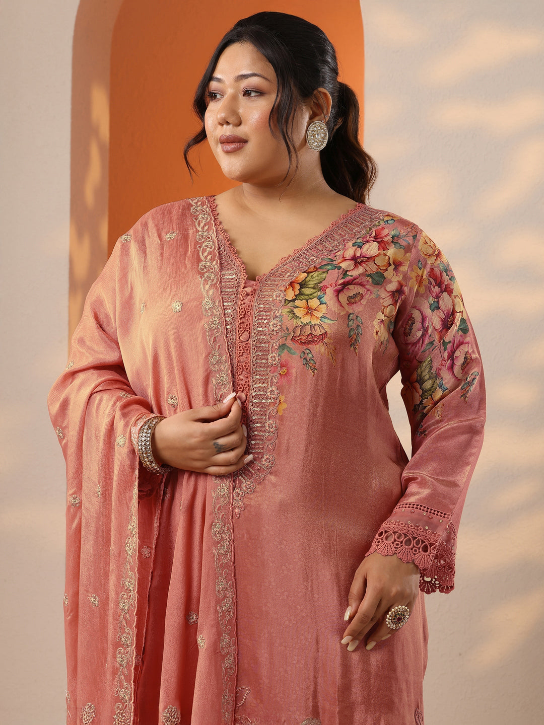 Plus Size Peach Printed Crepe Straight Suit Set With Dupatta