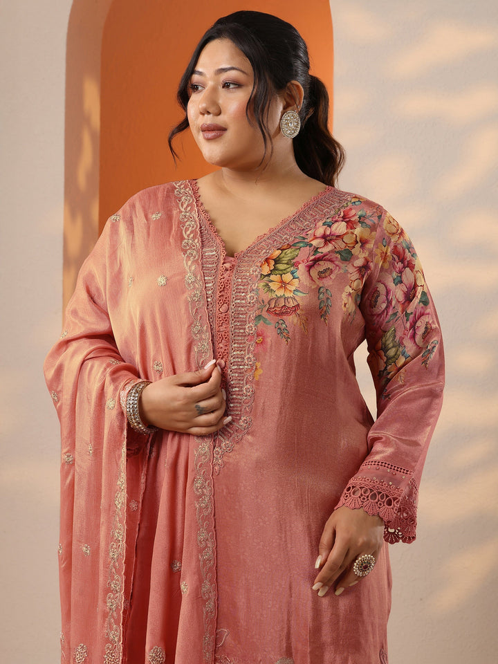 Plus Size Peach Printed Crepe Straight Suit Set With Dupatta