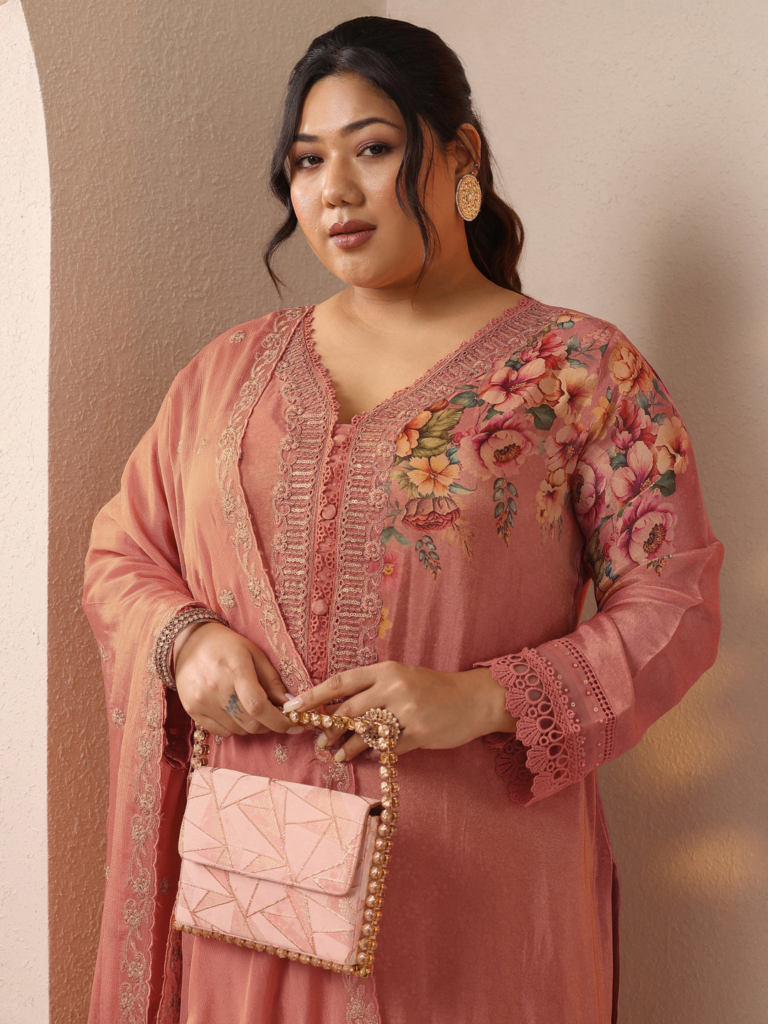 Plus Size Peach Printed Crepe Straight Suit Set With Dupatta