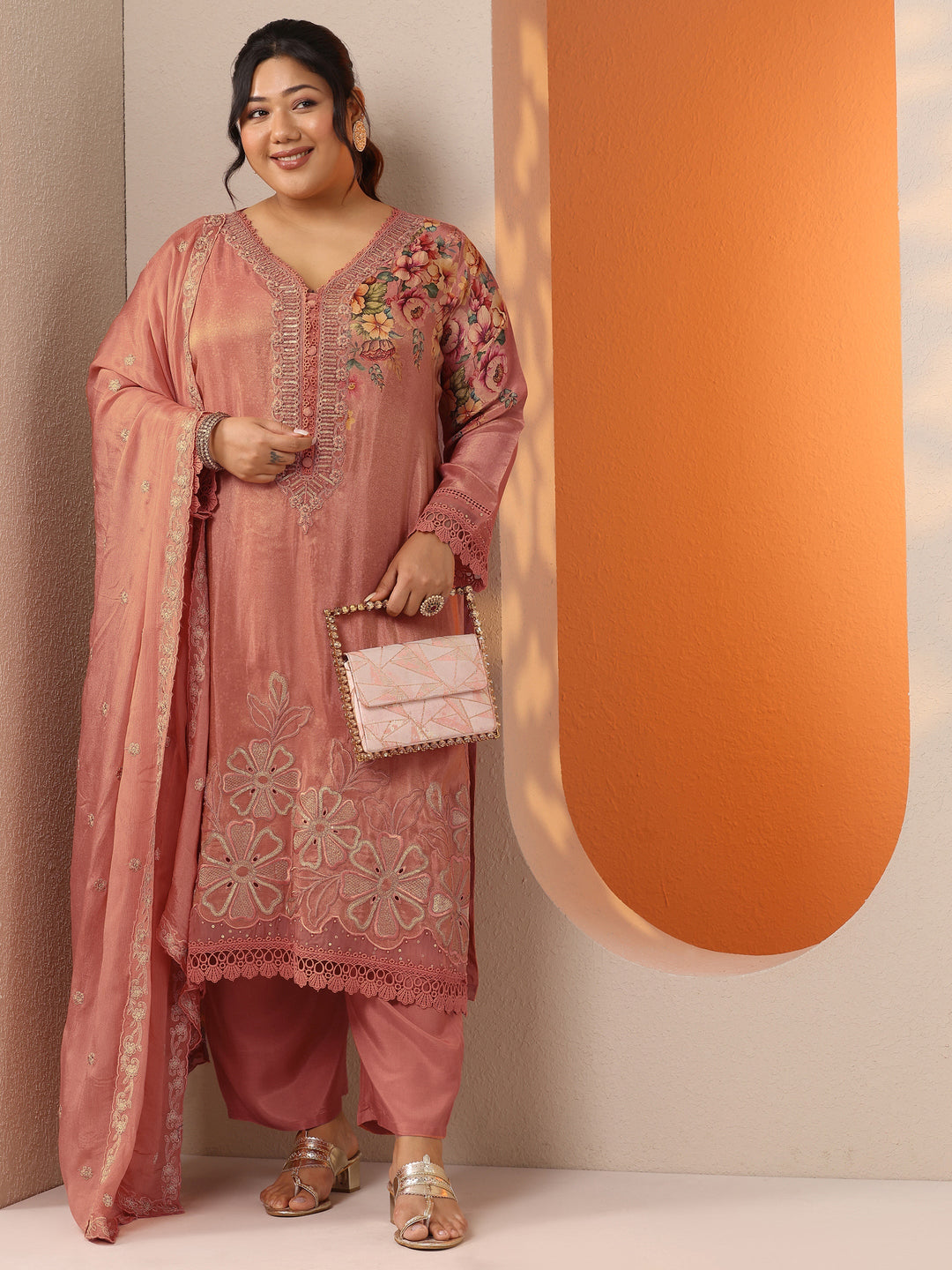 Plus Size Peach Printed Crepe Straight Suit Set With Dupatta