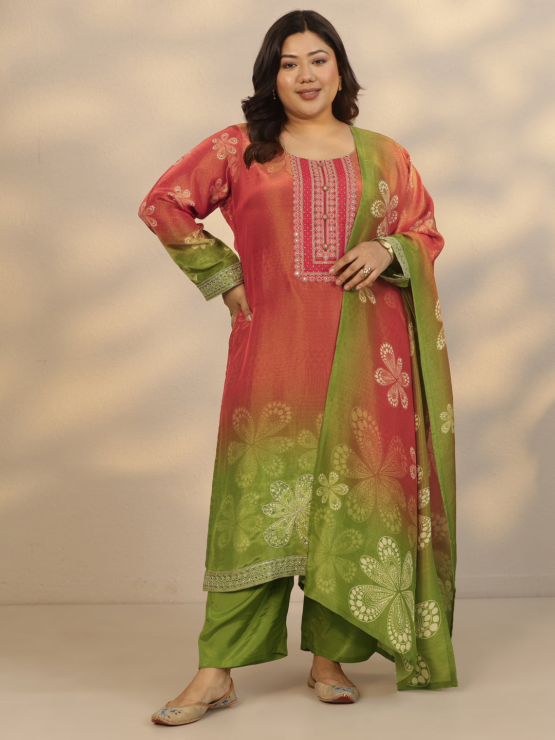Plus Size Red Printed Crepe Straight Suit Set With Dupatta