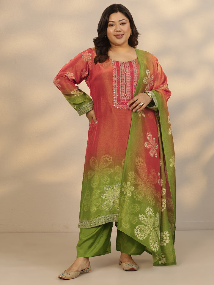 Plus Size Red Printed Crepe Straight Suit Set With Dupatta