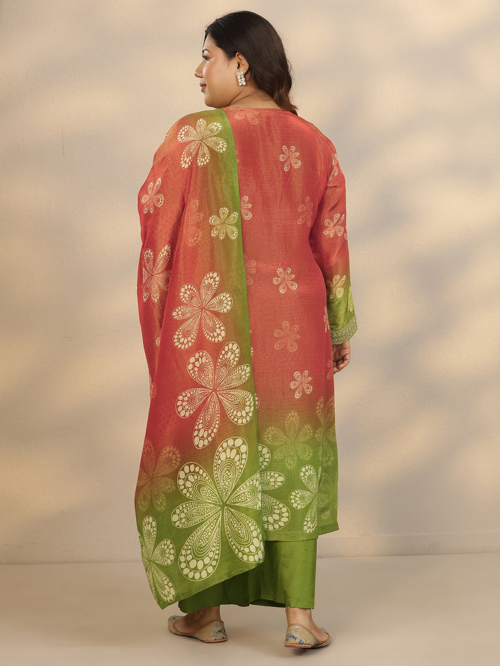 Plus Size Red Printed Crepe Straight Suit Set With Dupatta