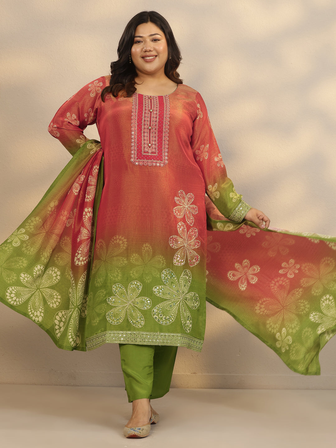 Plus Size Red Printed Crepe Straight Suit Set With Dupatta