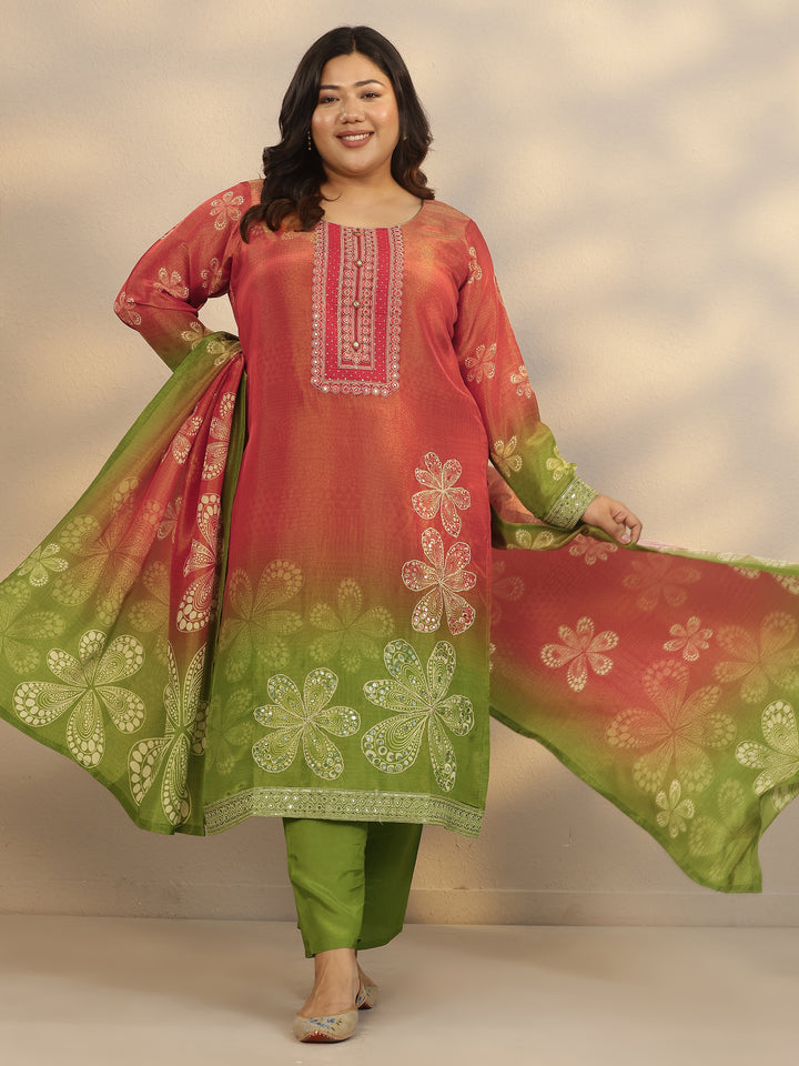 Plus Size Red Printed Crepe Straight Suit Set With Dupatta