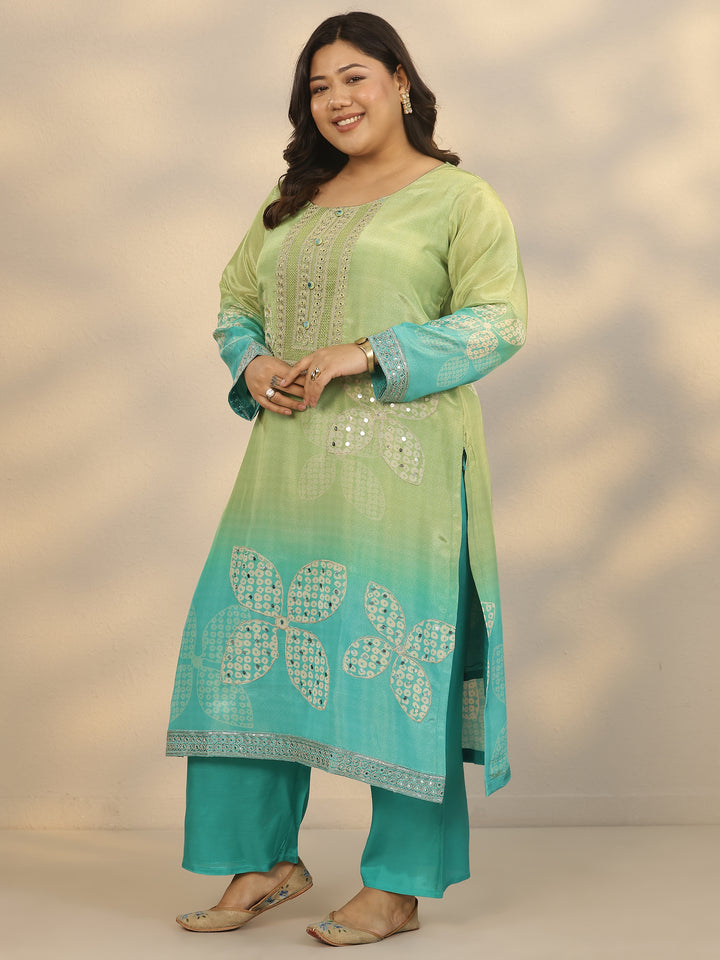 Plus Size Green Printed Crepe Straight Suit Set With Dupatta