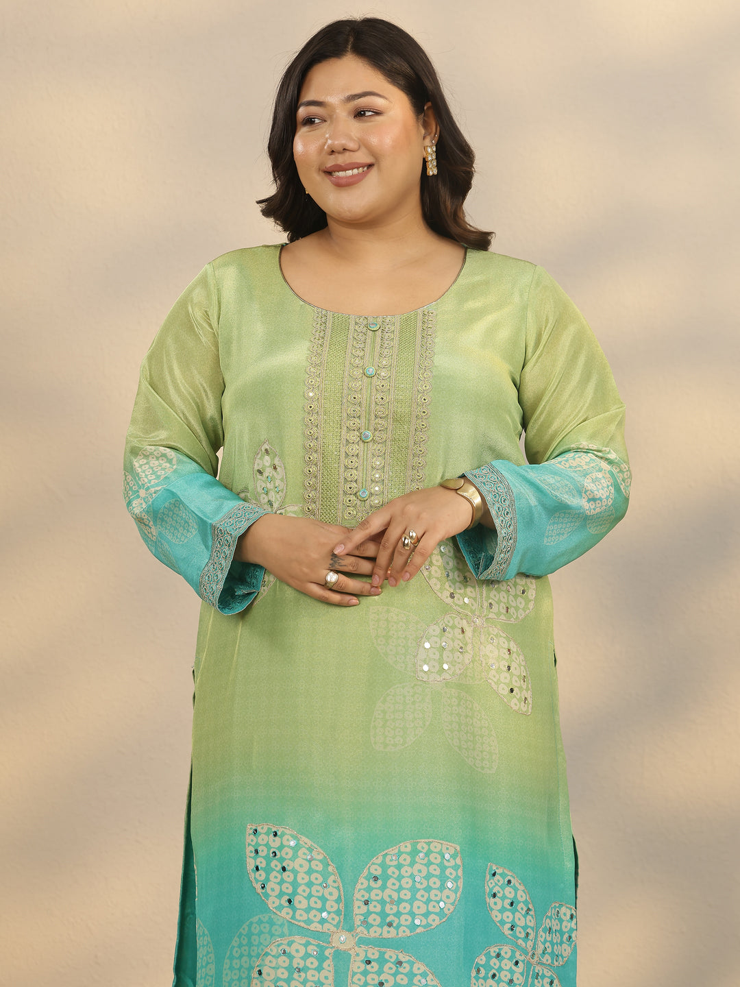 Plus Size Green Printed Crepe Straight Suit Set With Dupatta
