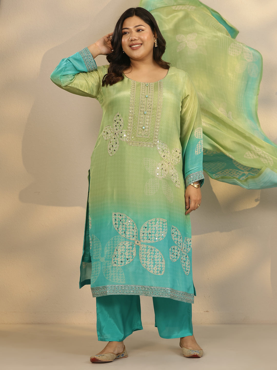 Plus Size Green Printed Crepe Straight Suit Set With Dupatta