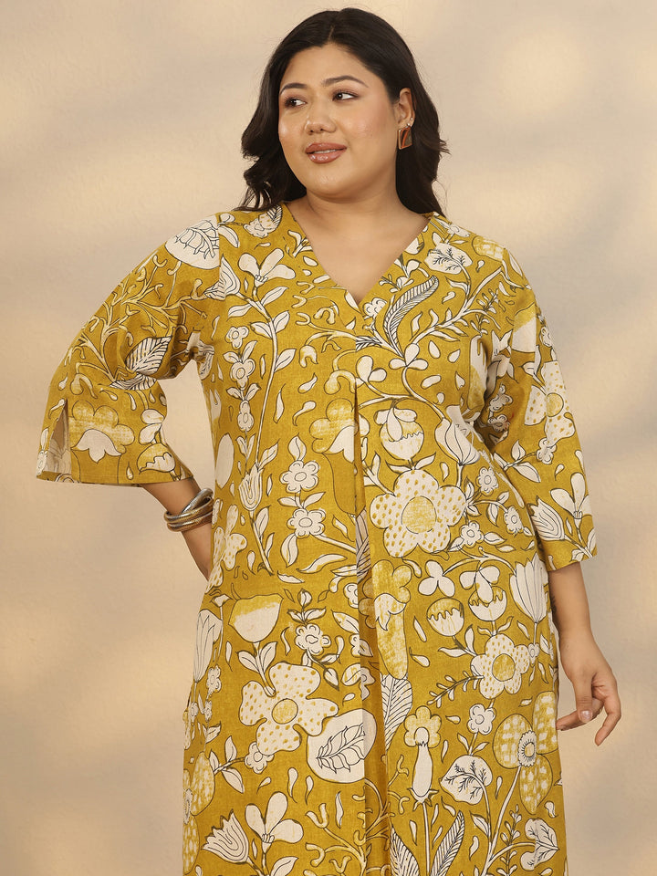 Plus Size Mustard Printed Cotton Co-Ord Sets