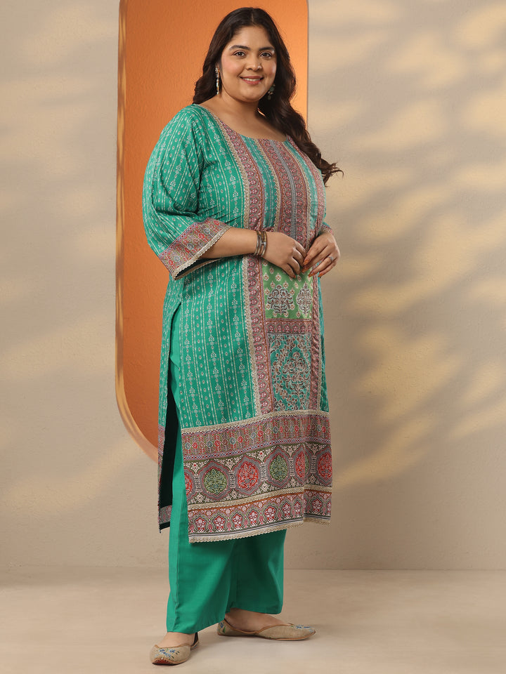 Plus Size Green Printed Silk Blend Straight Suit Set With Dupatta