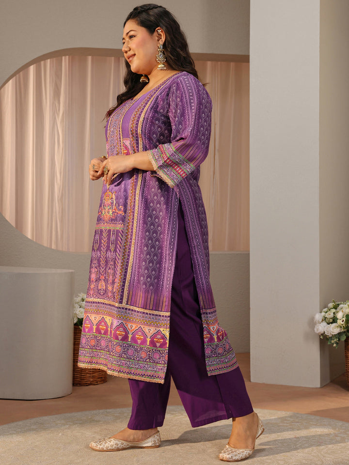 Plus Size Purple Ethnic Print Silk Blend Straight Suit Set