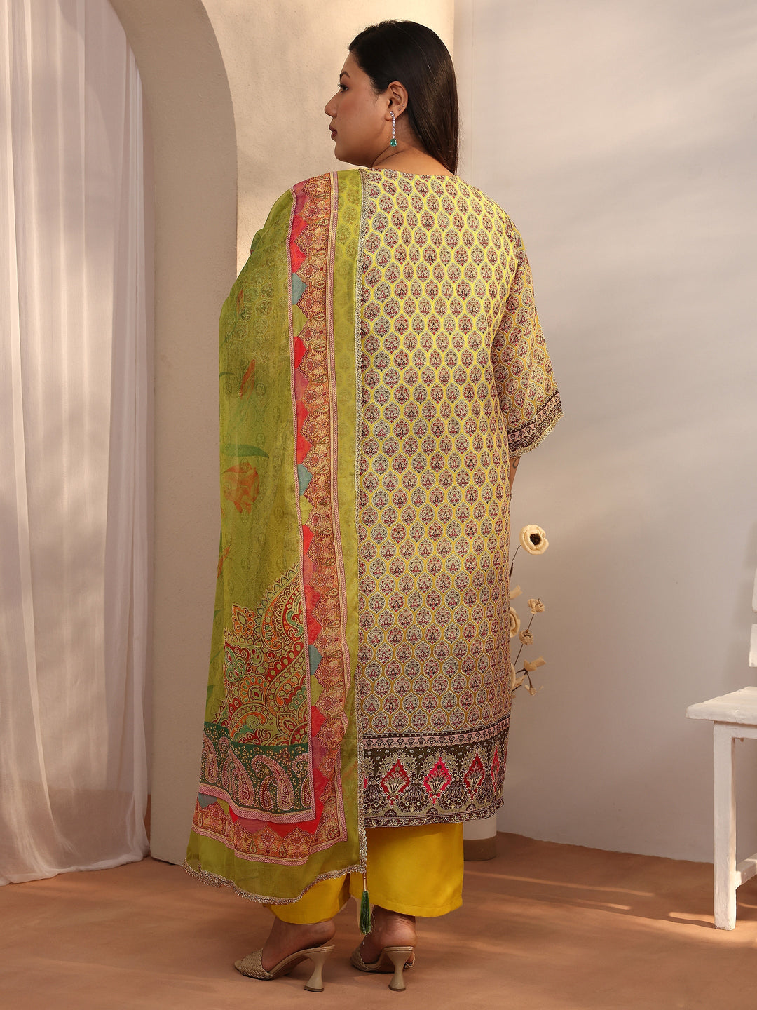 Plus Size Yellow Printed Silk blend Straight Suit Set With Dupatta