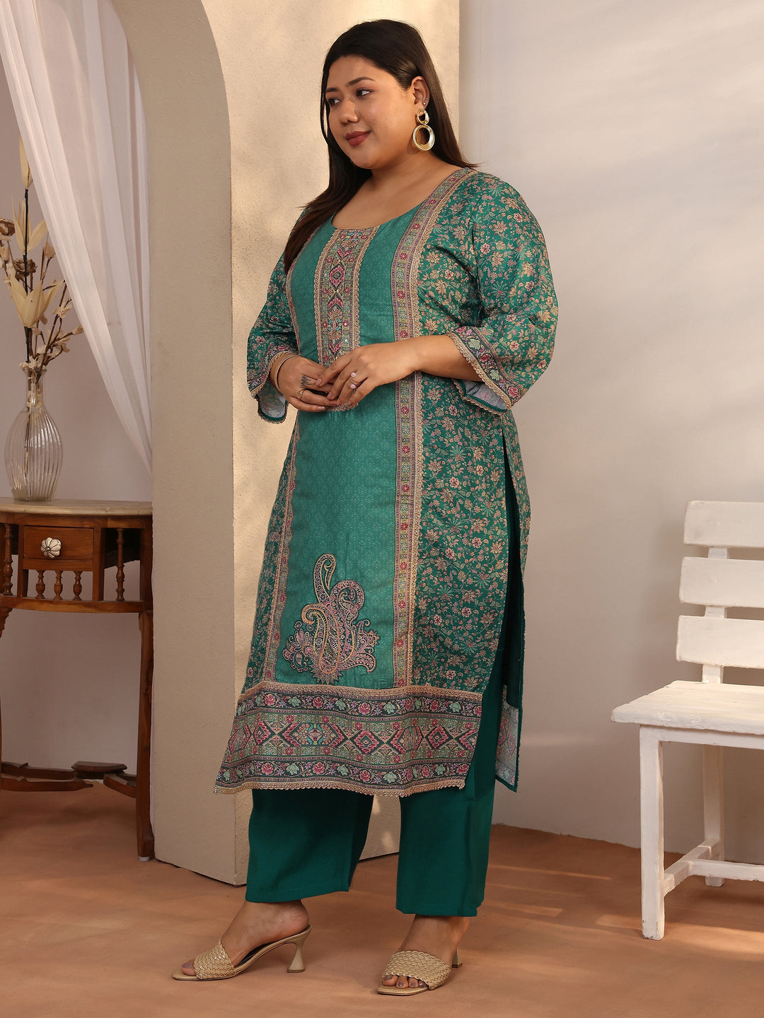 Plus Size Teal Printed Silk blend Straight Suit Set With Dupatta