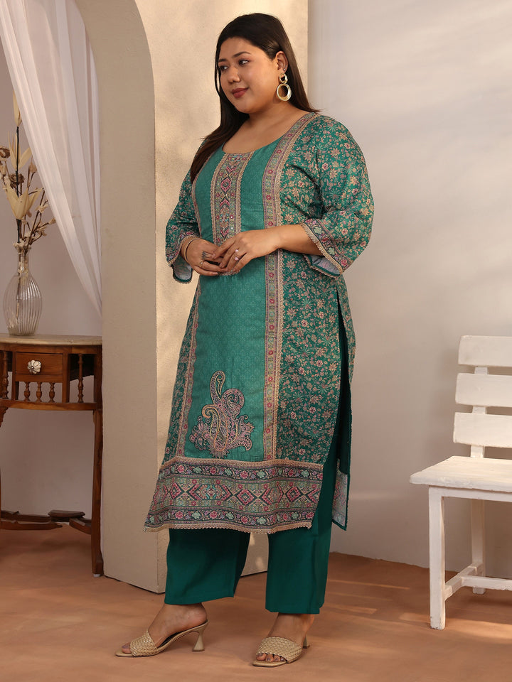Plus Size Teal Printed Silk blend Straight Suit Set With Dupatta