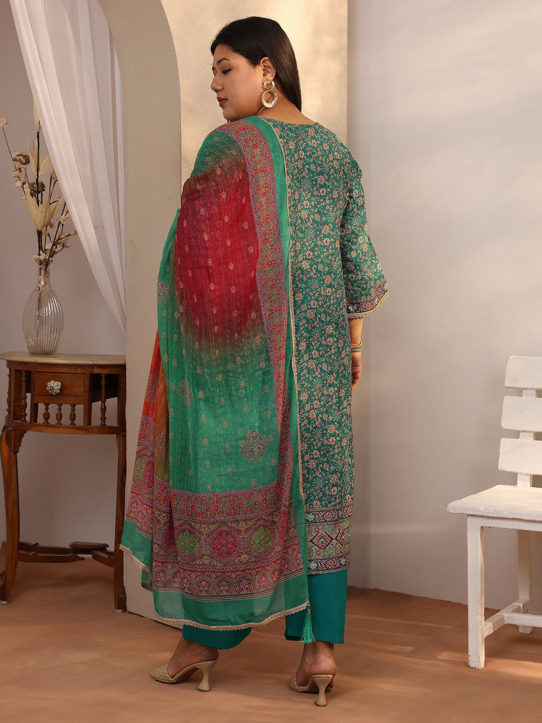 Plus Size Teal Printed Silk blend Straight Suit Set With Dupatta