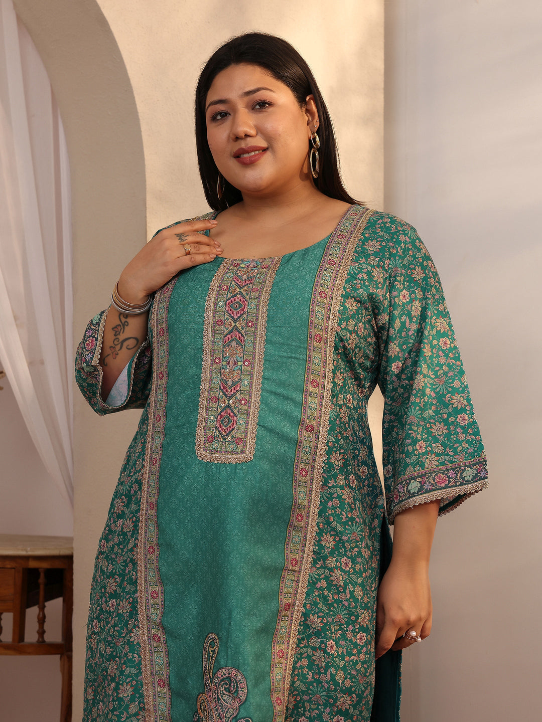Plus Size Teal Printed Silk blend Straight Suit Set With Dupatta